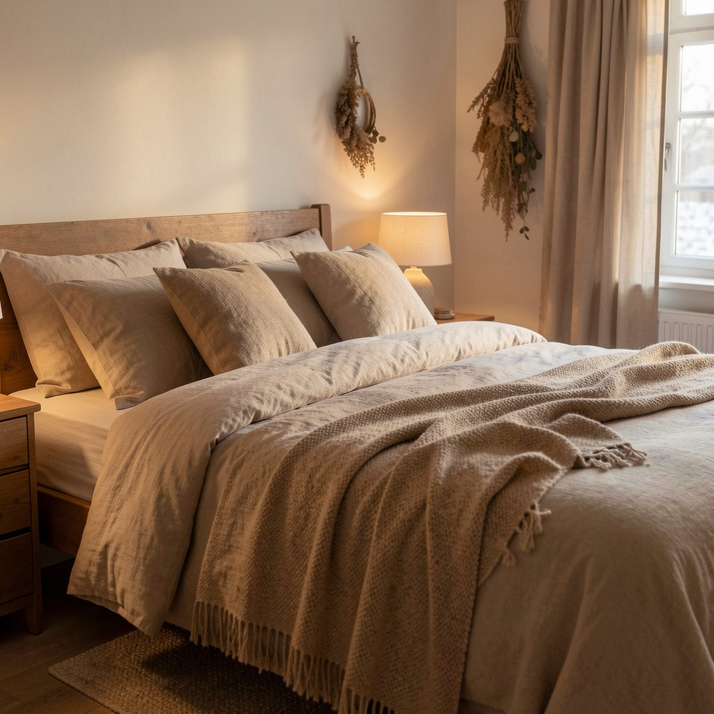 Rolig soverom med naturlige materialer og dempet belysning